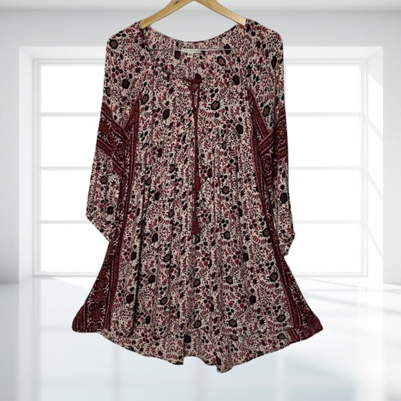 American Eagle Floral Tassel Boho Mini Dress M | AE V-Neck Viscose Peasant Tunic - Picture 2 of 13